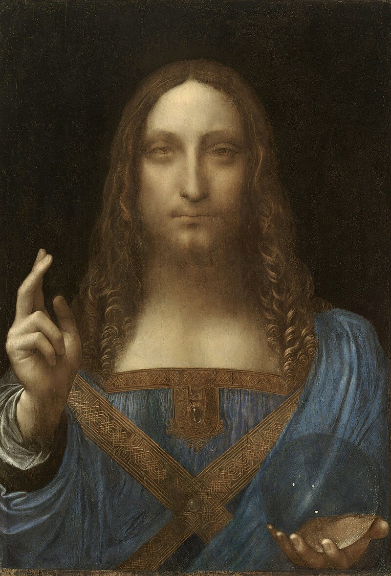 Salvator Mundi," a painting by Leonardo da Vinci, depicting Jesus Christ holding a crystal orb and giving a blessing with his right hand.