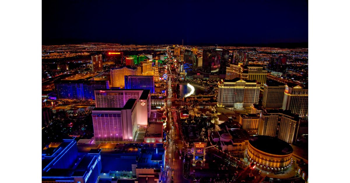 A stunning aerial view of the Las Vegas Strip at night, showcasing the bright lights and iconic casinos along the vibrant city skyline.