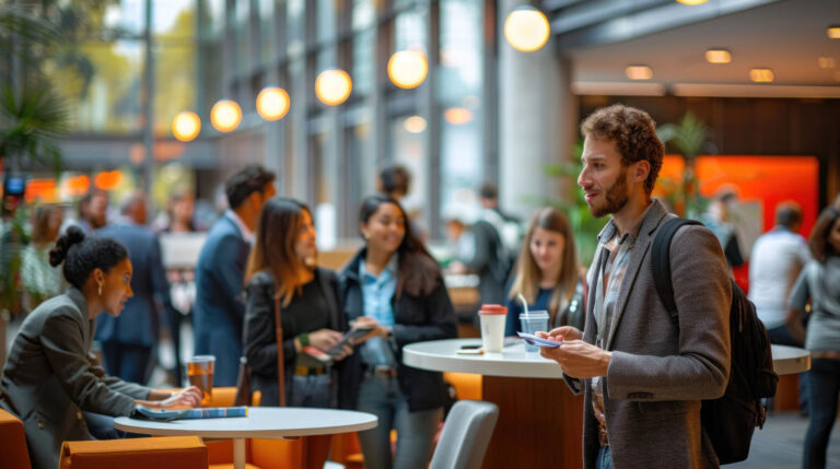 People networking and conversing in a modern indoor event space, with some seated at tables and others standing while holding drinks and notepads.