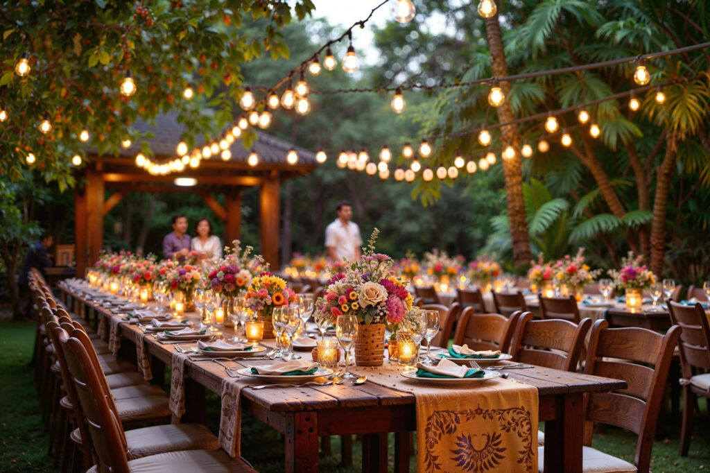 Beautiful outdoor wedding reception setup with long wooden tables decorated with floral centerpieces, candles, and string lights hanging above in a garden setting.