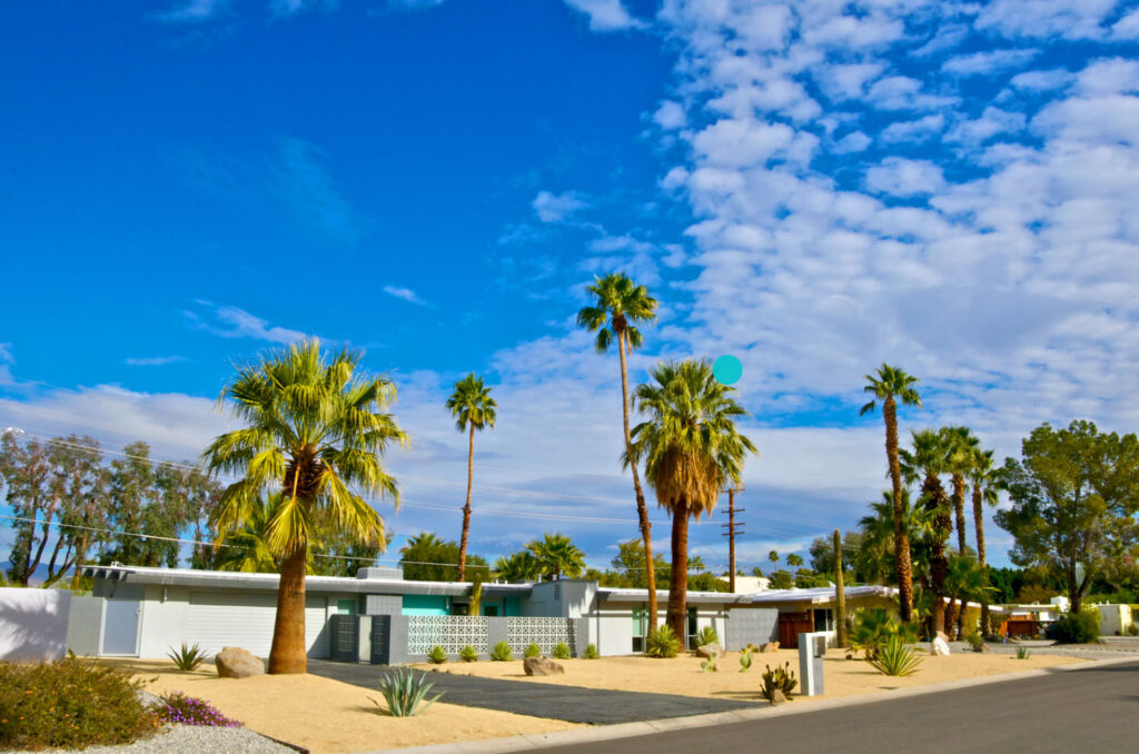 A row of mid-century modern homes with palm trees lining the streets, set against a bright blue sky with a few clouds, typical of Palm Springs' desert landscape.
