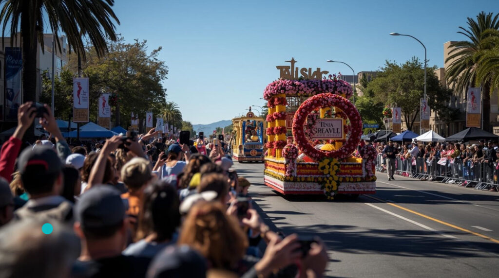 A colorful floral float at the Pasadena Rose Parade, with spectators lining the street, taking photos as the parade moves down the sunny avenue. Palm trees and banners are visible in the background.