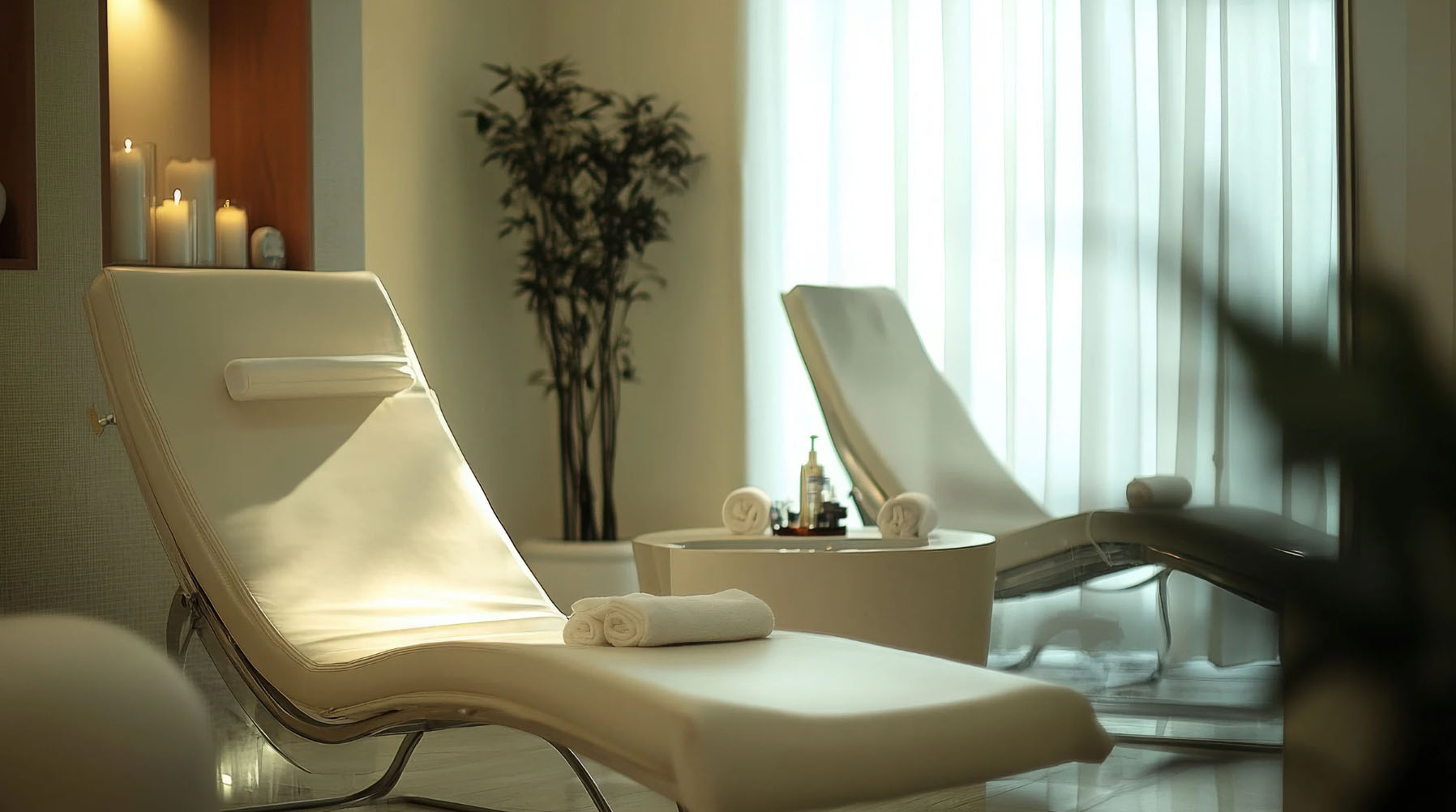 Modern spa relaxation room with cushioned lounge chairs, rolled towels, candles, and soft natural light, creating a calm wellness environment.