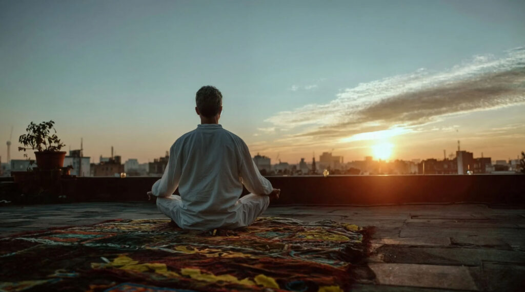 Person sitting cross-legged in meditation on a rooftop at sunset, overlooking a city skyline, symbolizing mindfulness, calm, and mental wellness.