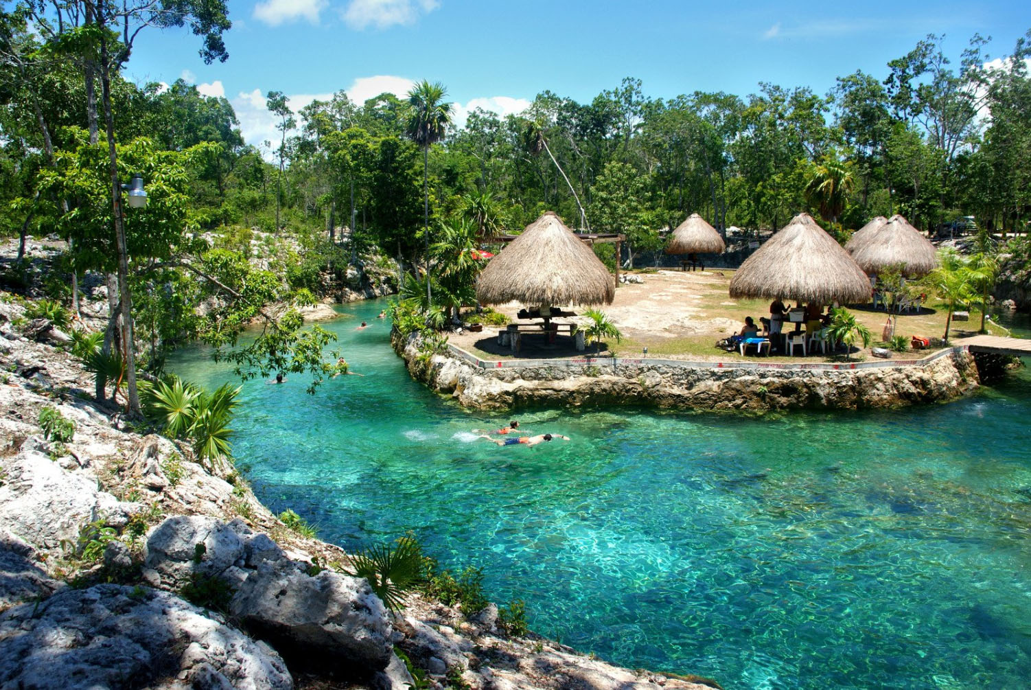 Crystal-clear turquoise cenote surrounded by lush jungle, with thatched-roof palapas along the water’s edge and people swimming in the natural spring in Tulum, Mexico.