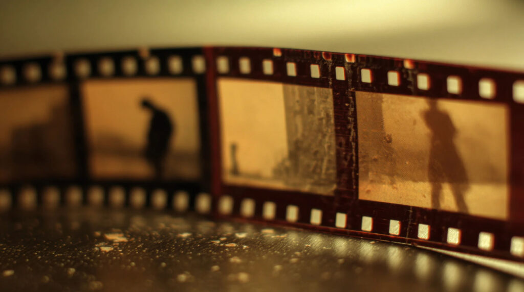 Close-up of a vintage film strip with frames showing blurred images of a person walking, with a soft focus and warm tones.