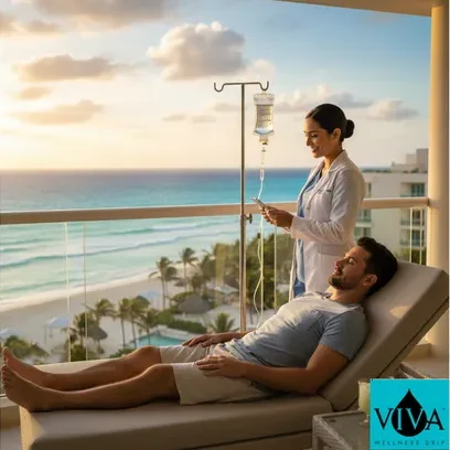 A patient receiving the best mobile iv drip in Cancun, Mexico at a luxury resort