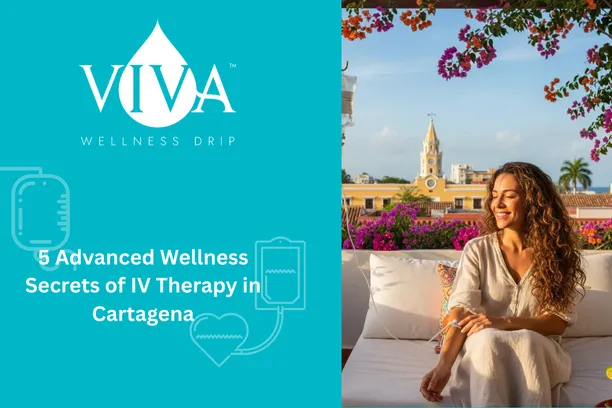 Woman receiving an IV drip while lounging on a private, sunlit terrace in Cartagena, Colombia, with vibrant bougainvillea and the Walled City architecture in the background