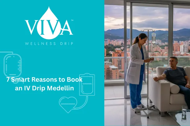 Nurse administering Viva Wellness IV drip in a Medellin luxury apartment overlooking the city