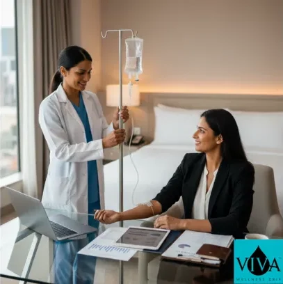 Executive receiving mobile IV drip therapy in Cali Colombia hotel for jet lag recovery