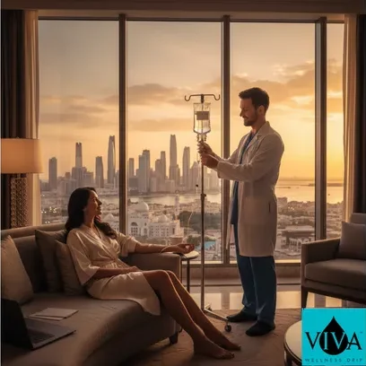 Mobile IV drip therapy Abu Dhabi UAE luxury hotel suite service by Viva Wellness Drip