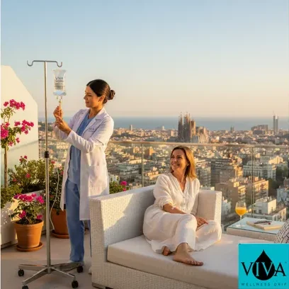 Mobile IV drip therapy Barcelona Spain terrace Mediterranean view service by Viva Wellness Drip
