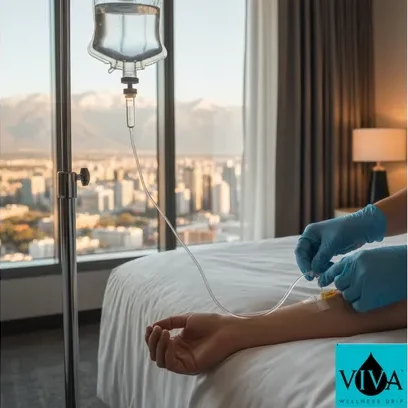 IV drip therapy mobile session Santiago Chile hotel room Andes mountain view Viva Wellness Drip