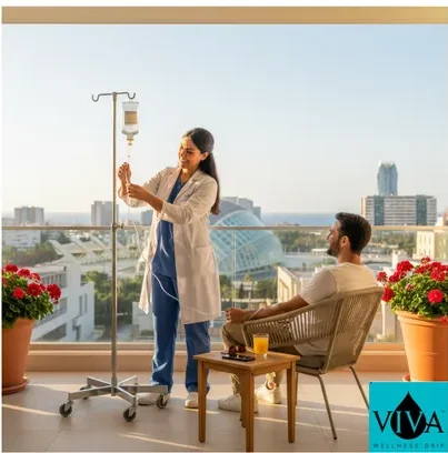 Mobile IV drip therapy Valencia Spain apartment terrace City of Arts Sciences service Viva Wellness Drip