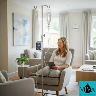 Mobile IV drip therapy setup at home showing IV bag, vitamins, and registered nurse at Viva Wellness Drip