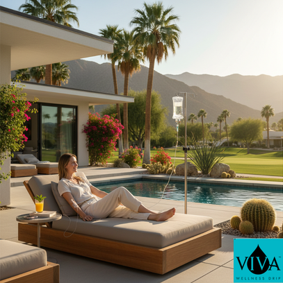 A patient enjoying a mobile IV drip while lounging on a sun-drenched Palm Springs patio