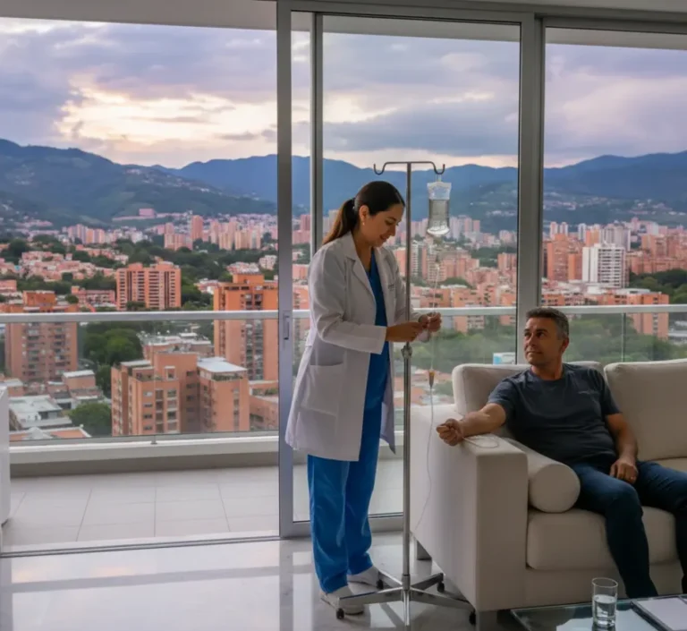 Licensed nurse administering Viva Wellness IV drip in a Medellin luxury apartment overlooking the city skyline