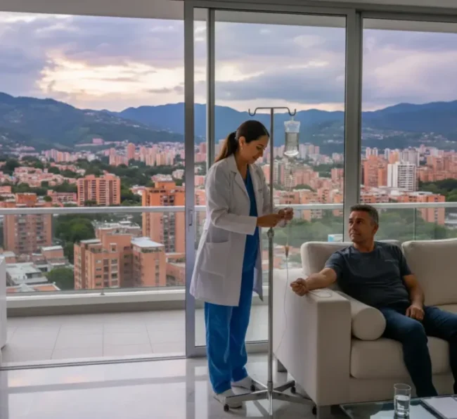 Licensed nurse administering Viva Wellness IV drip in a Medellin luxury apartment overlooking the city skyline