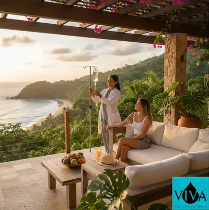 Professional mobile IV drip therapy session in Santa Teresa Costa Rica beachfront property