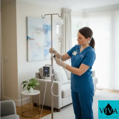 Registered nurse preparing mobile iv drip therapy equipment at client's home for safe at-home wellness session