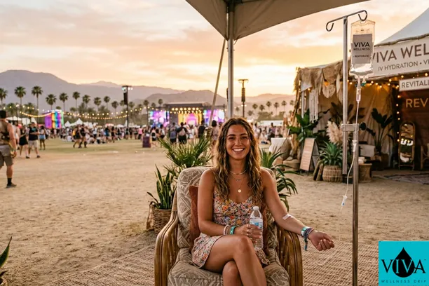Festival-goer receiving IV drip therapy at Coachella in Indio CA with desert sunset backdrop