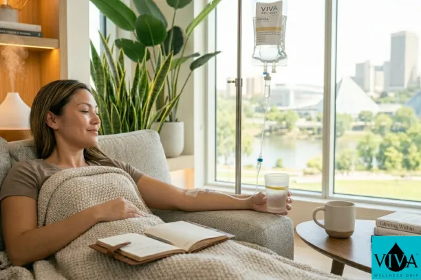 A woman enjoying a mobile IV drip therapy session at home for skin glow and wellness in a bright, modern living room.