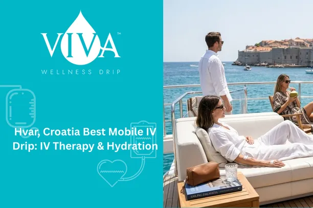 A luxury mobile IV drip therapy session being administered to a guest on a private yacht anchored off the coast of Hvar, Croatia, with the Pakleni Islands in the background.
