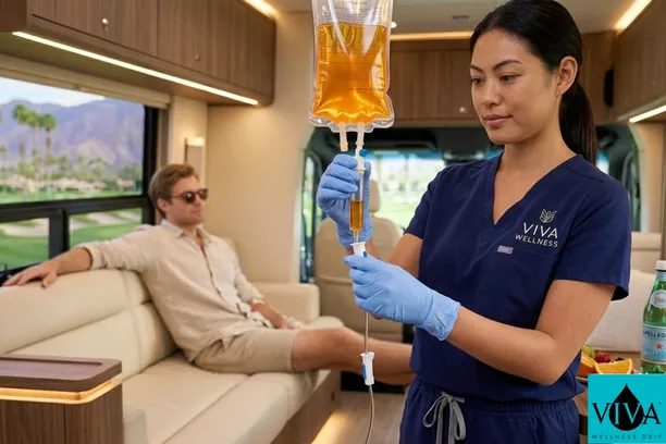 A Viva Wellness professional administering mobile IV drip therapy Indian Wells to a festival attendee.
