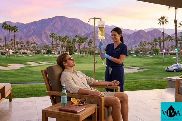 A festival visitor receiving an Indian Wells IV drip at a luxury resort during Coachella weekend.
