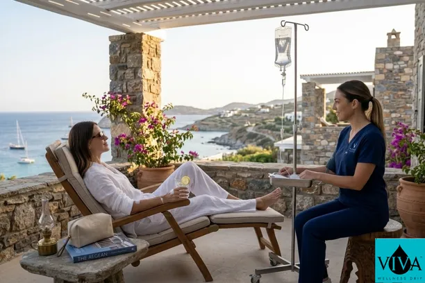 A relaxed traveler receives a mobile IV drip hydration session from a licensed nurse on a private stone balcony overlooking the sea in Kos, Greece.