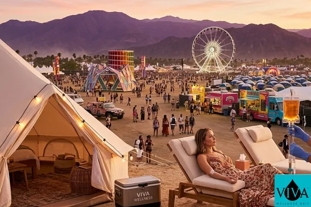 Woman receiving IV drip therapy at a Coachella festival wellness tent near La Quinta California 
