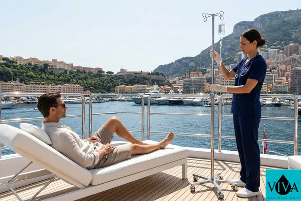 A premium mobile IV drip hydration session being administered to a guest on the deck of a superyacht in Port Hercules, with the Monte Carlo, Monaco skyline in the background.