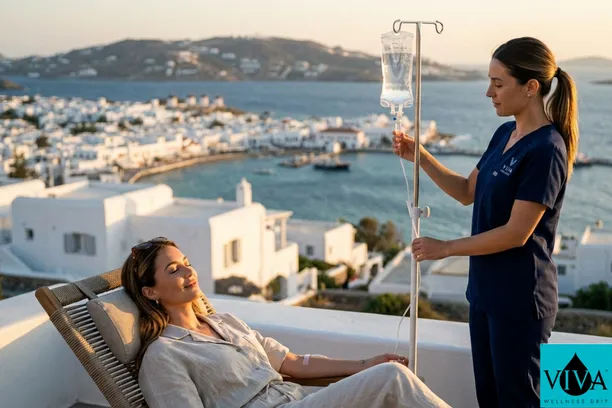 A professional medical practitioner administering a mobile IV drip therapy session to a guest at a private, whitewashed luxury villa overlooking the Aegean Sea in Mykonos, Greece.