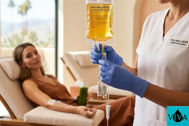 A professional Viva Wellness nurse preparing an IV drip therapy Palm Desert session for festival recovery.
