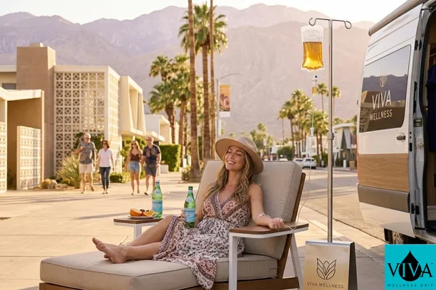 Woman receiving Palm Springs IV drip therapy from Viva Wellness before Coachella festival weekend

