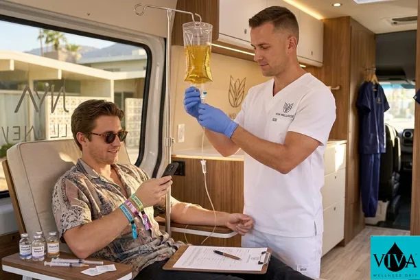 Viva Wellness provider administering IV drip therapy to a Coachella festival-goer in Palm Springs