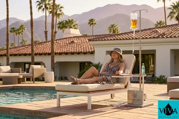  Woman receiving Rancho Mirage IV drip therapy poolside from Viva Wellness before Coachella festival
