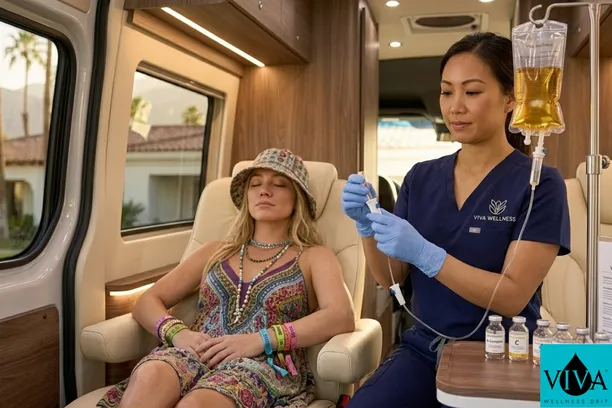 Viva Wellness nurse setting up IV drip therapy for a Coachella festival-goer in Rancho Mirage CA
