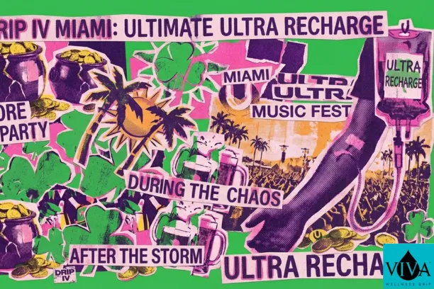 An advertisement for VIVA Wellness Drip featuring a woman sitting in a mint green, modernist armchair by a swimming pool. She is wearing a simple, short-sleeved coral-colored dress. She is connected to a portable IV stand next to her. The background is composed of a pastel-colored, geometrically segmented wall in shades of yellow, blue, and pink. A text block on the right wall reads: "Miami IV Drip Therapy: Your Secret Weapon for Miami Music Week." The VIVA Wellness Drip logo is in the bottom right.