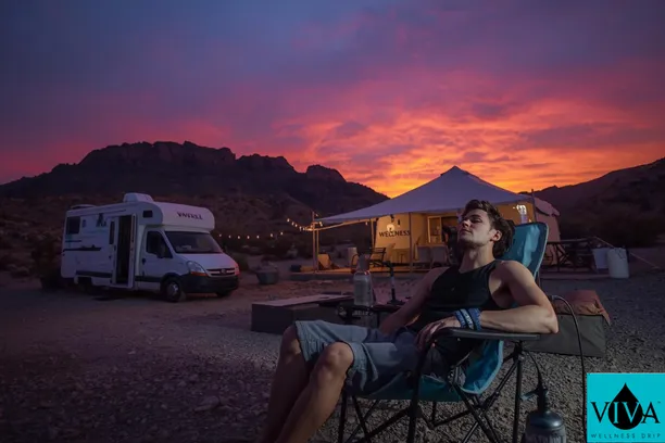 Festival-goer receiving Sky Valley IV drip therapy from Viva Wellness at dusk during Coachella weekend