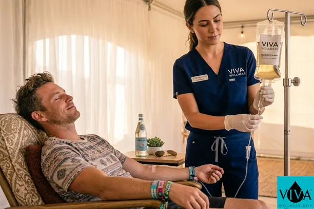 Viva Wellness nurse setting up IV drip for festival recovery near Coachella CA 