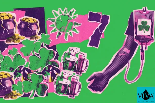 An illustrated graphic, likely for a screen print, in a collage style on a solid green background. Various icons of St. Patrick's Day are depicted with a distressed, block-print texture in purple, green, and pink. These include multiple pots of gold and loose coins, a large cluster of green shamrocks, a large pink and purple number "7", several beer mugs, a four-leaf clover, and an illustration of an arm attached to an IV drip. The VIVA Wellness Drip logo is in the bottom right corner.