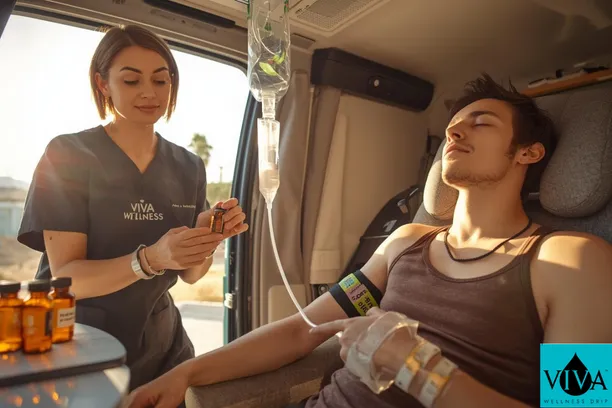Festival-goer receiving Thousand Palms IV drip therapy from Viva Wellness before Coachella weekend 
