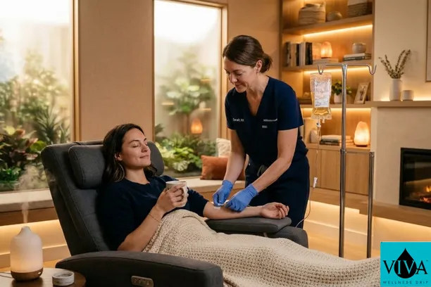 Professional nurse administering a wellness IV drip to a relaxed client in a premium Edmonton wellness clinic.