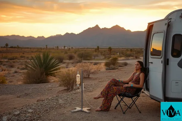 Woman receiving Vista Santa Rosa IV drip therapy from Viva Wellness with Santa Rosa Mountains in background