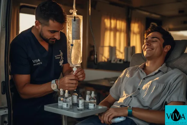 Viva Wellness nurse adjusting IV drip therapy for a Coachella attendee at a Vista Santa Rosa property