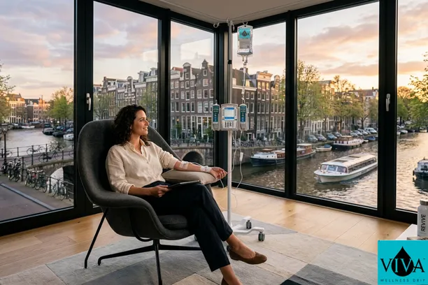 IV drip Amsterdam, Netherlands session in a modern urban setting overlooking canals