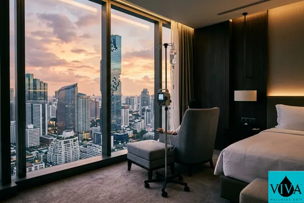 A mobile IV therapy setup in a luxury Bangkok hotel room overlooking the city skyline at sunset.