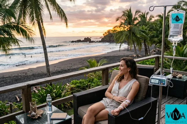 Premium IV Drip Playa Hermosa Costa Rica service on a beachfront balcony for athlete recovery.