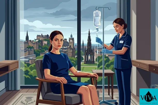 Mobile IV drip therapy session in an Edinburgh hotel room with city views